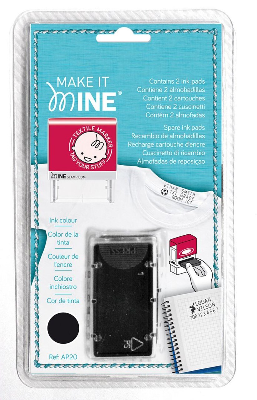 MINE Textile and Possession Stamp Replacement Ink Refill for 309605 MINE Stamp, Black Indelible Ink, Two Cartridges